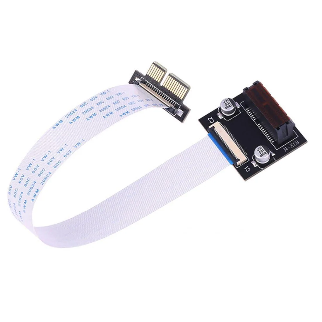Angled PCIe x1 riser with 10 cm flexible ribbon and power cable