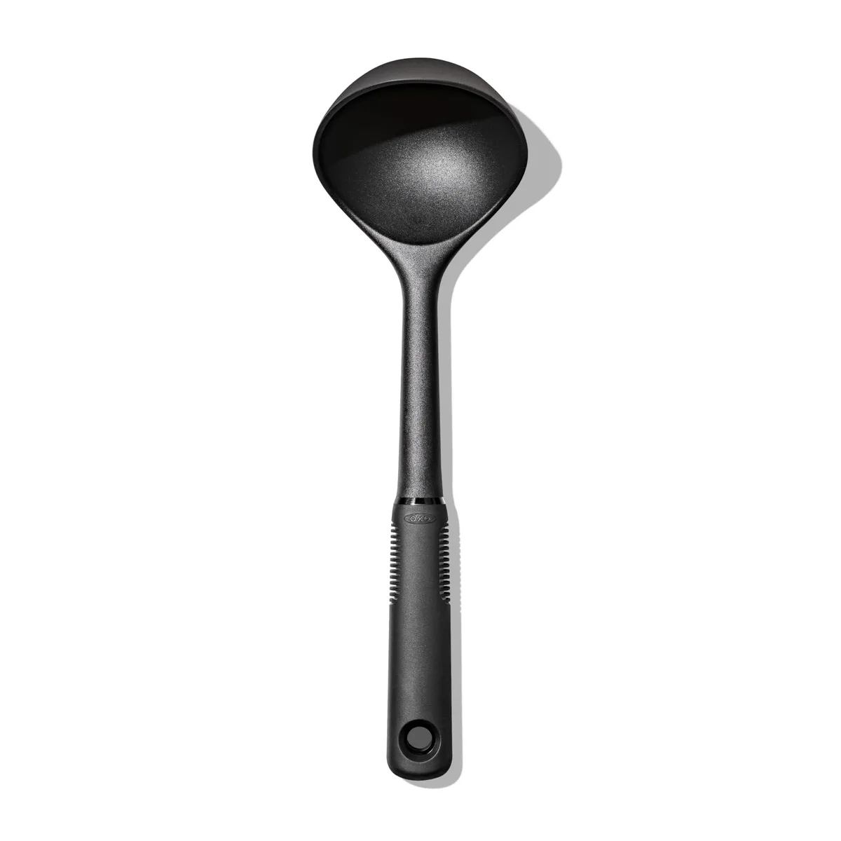 Black nylon ladle with soft non-slip handle, one-piece construction