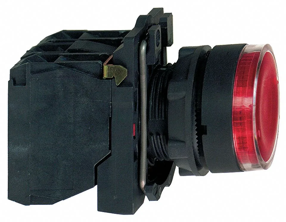 Red illuminated push button, 22 mm round flush head, plastic bezel