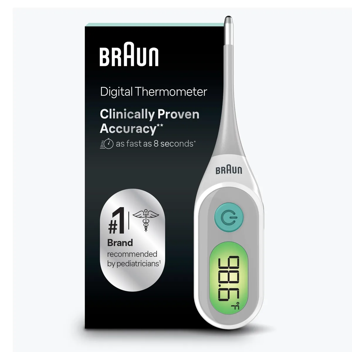White Braun digital thermometer with flexible tip, backlit LCD screen, protective cap and five probe covers