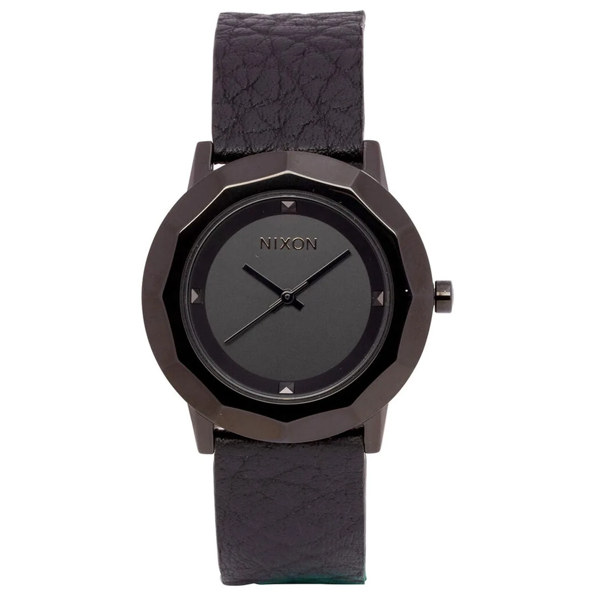 Black dial Nixon watch with stainless steel case and leather strap