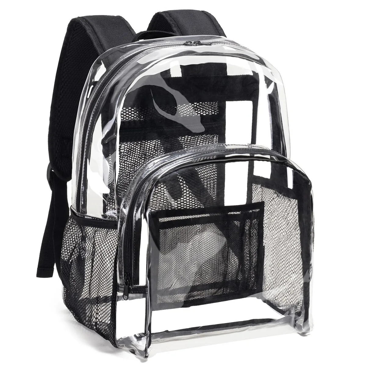 Transparent PVC backpack with black trim, padded straps and mesh side pockets