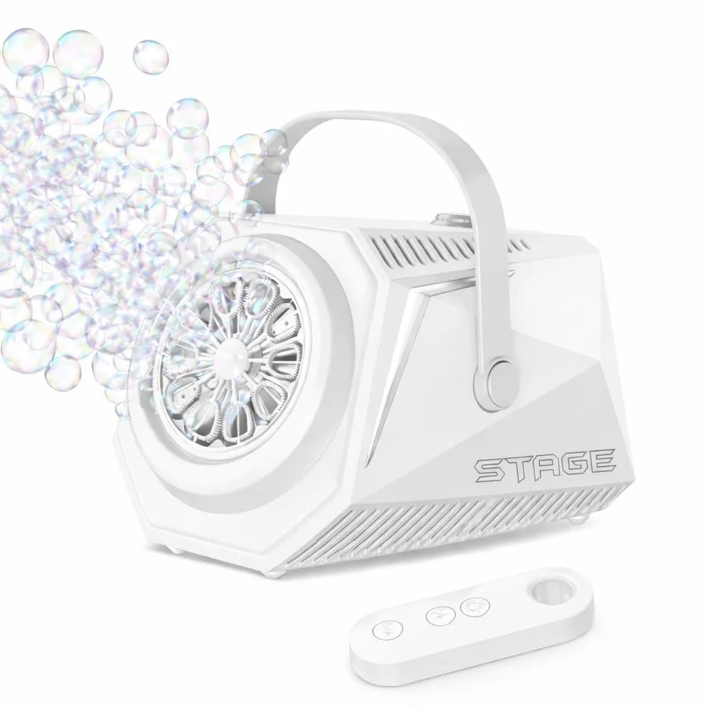White plastic bubble machine with ten holes, portable handle and remote control
