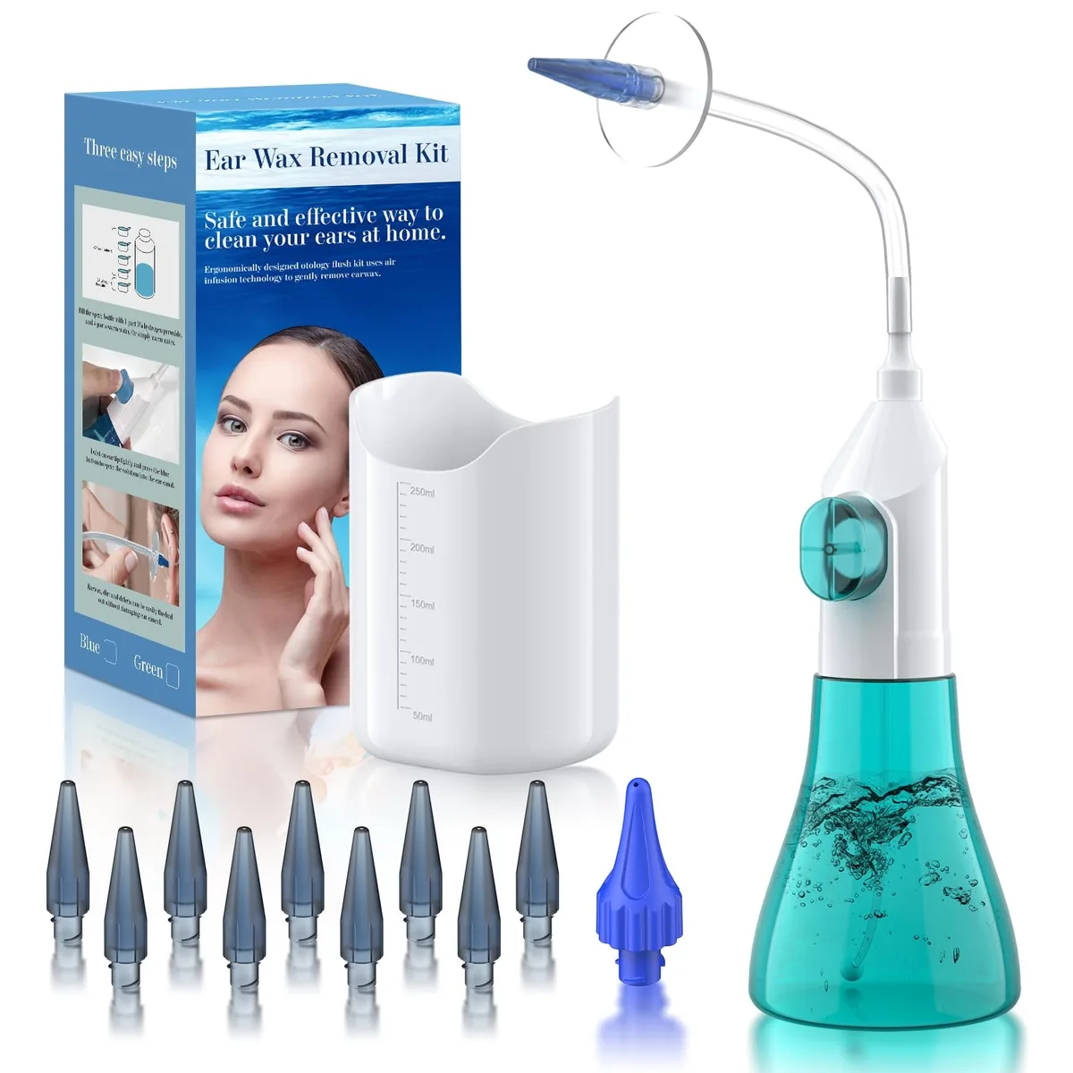 Green manual ear irrigation kit with spray bottle and 30 disposable soft tips