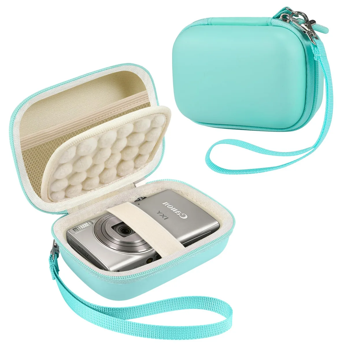 Green compact camera case with hard shell and wrist lanyard