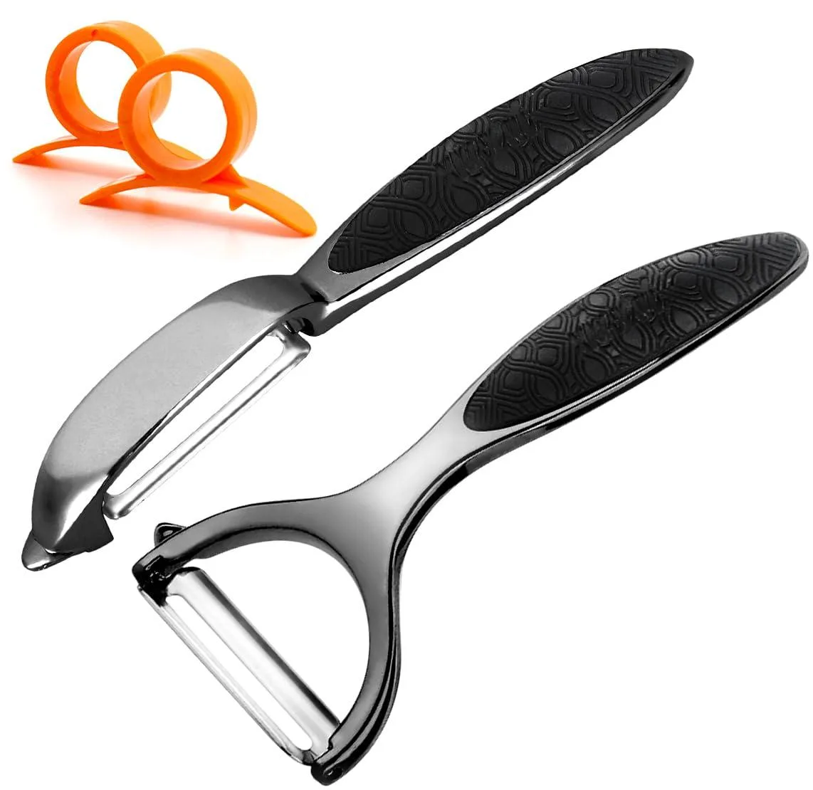 Two black vegetable peelers, Y-shaped and I-shaped, stainless steel swivel blades, non-slip handles