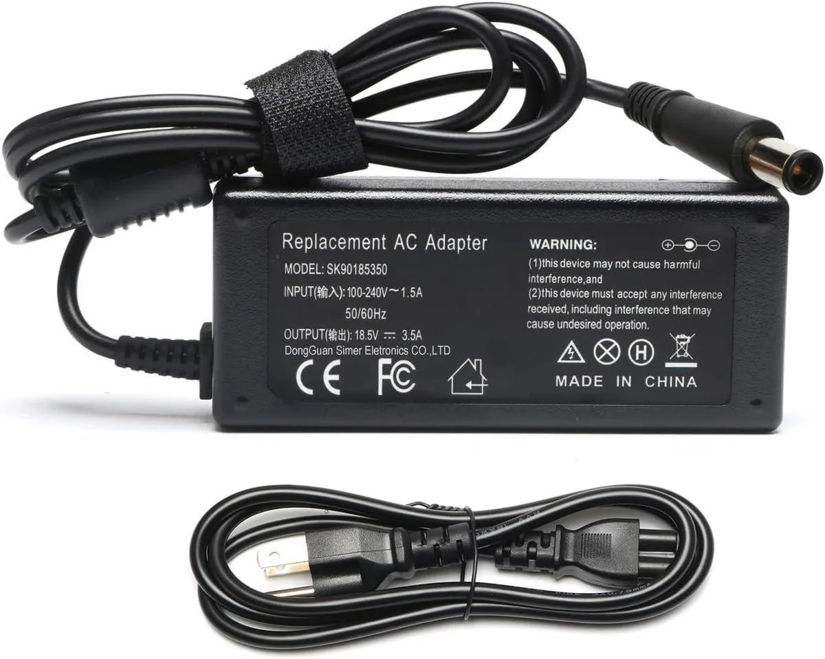 Black rectangular AC adapter with three-prong plug and 7.4 by 5.0 mm barrel connector