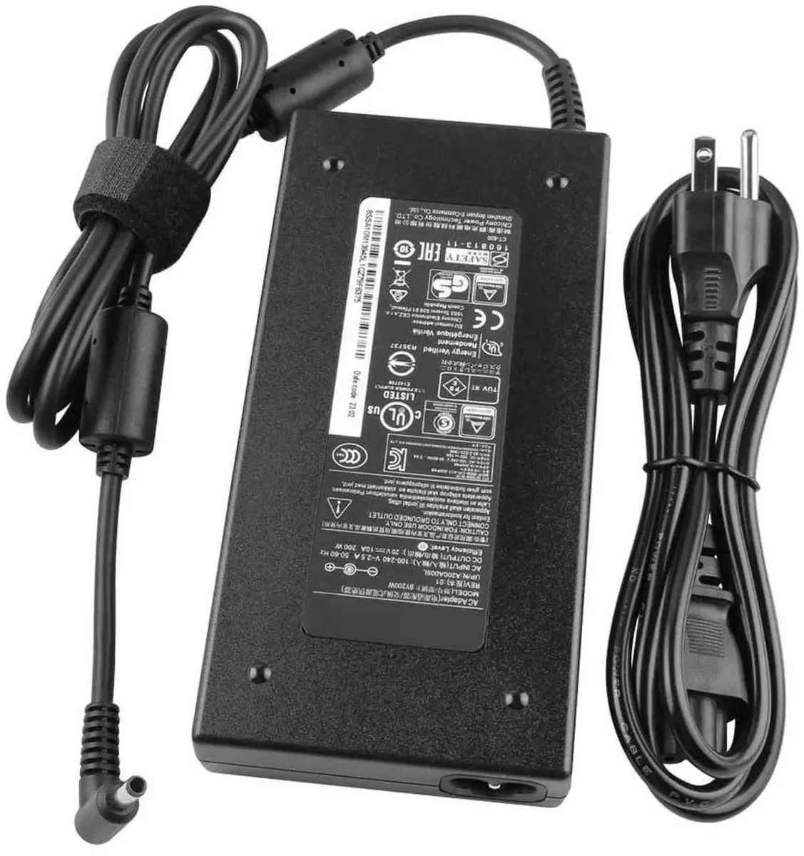 Rectangular black power brick with cable and barrel connector