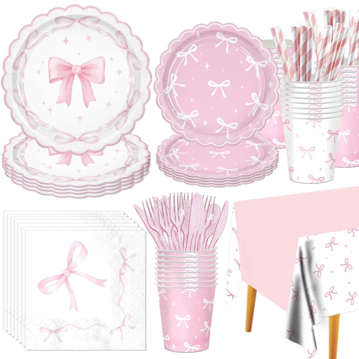 Pink bow themed disposable tableware set for twenty guests in blue paper packaging