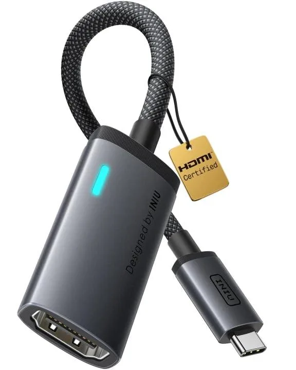 Gray USB-C to HDMI adapter, compact rectangular shape, matte finish