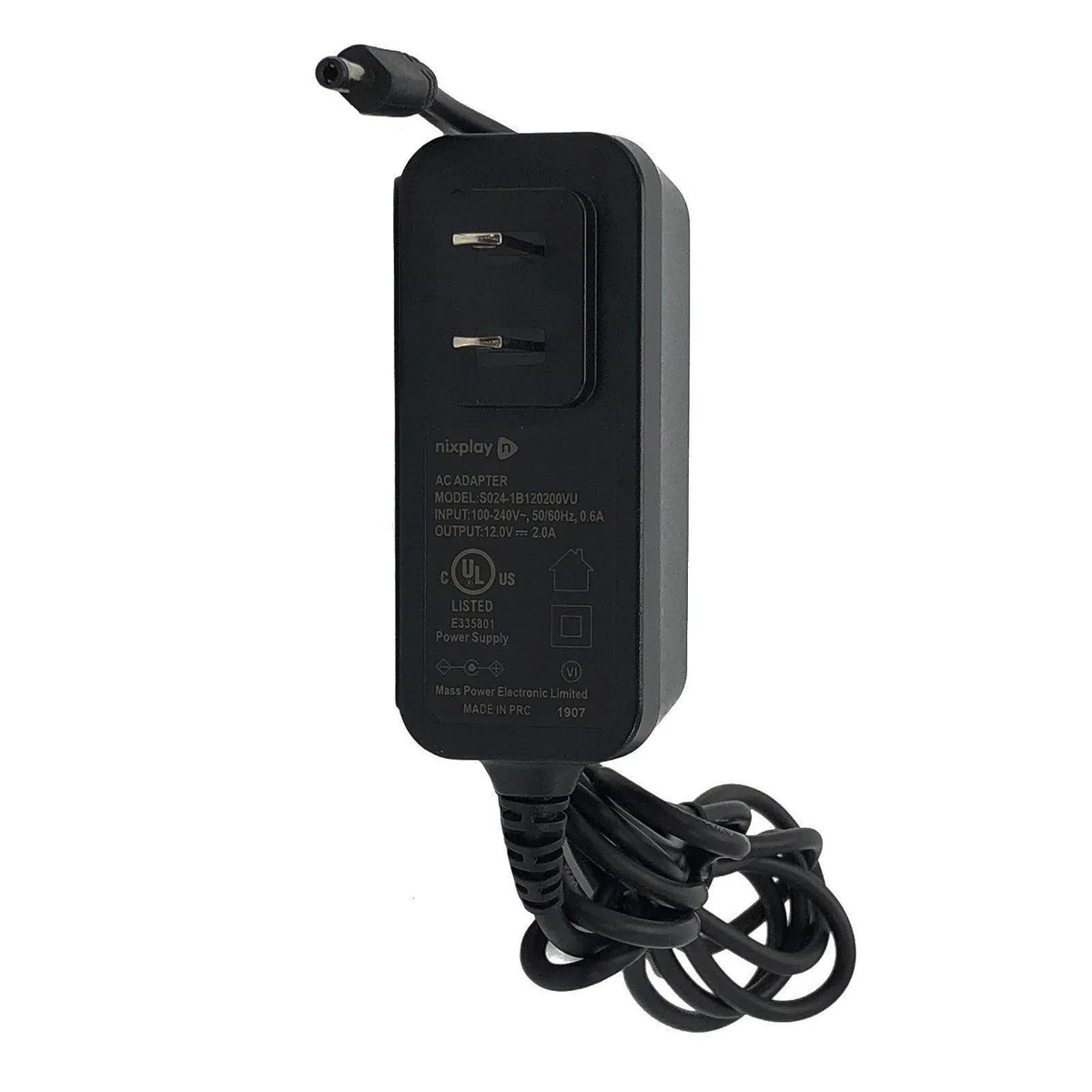 Black rectangular power adapter with 4.0x1.7mm barrel connector and detachable mains cord