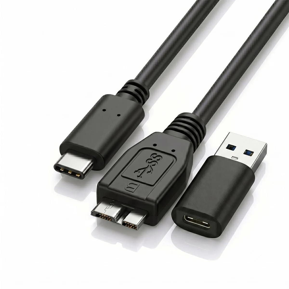 Black 1.6 ft cable with Micro B 3.0, USB-A and USB-C connectors