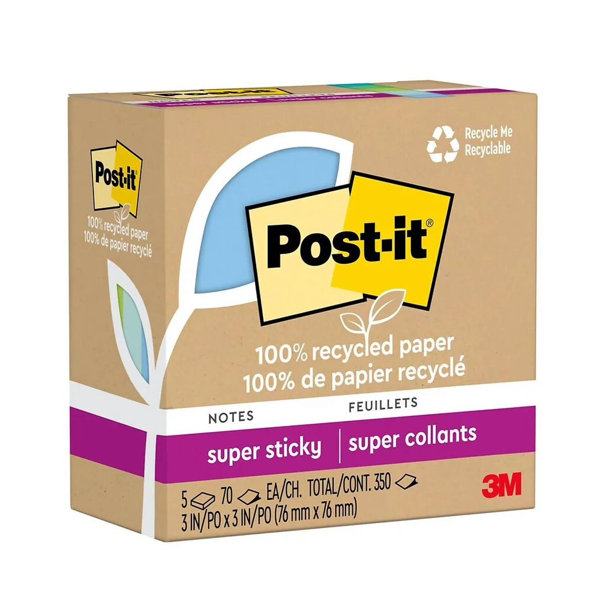 3M 3M 654R-5SST sticky notes 3" x 3" 70 sheets 5 pads — product photo