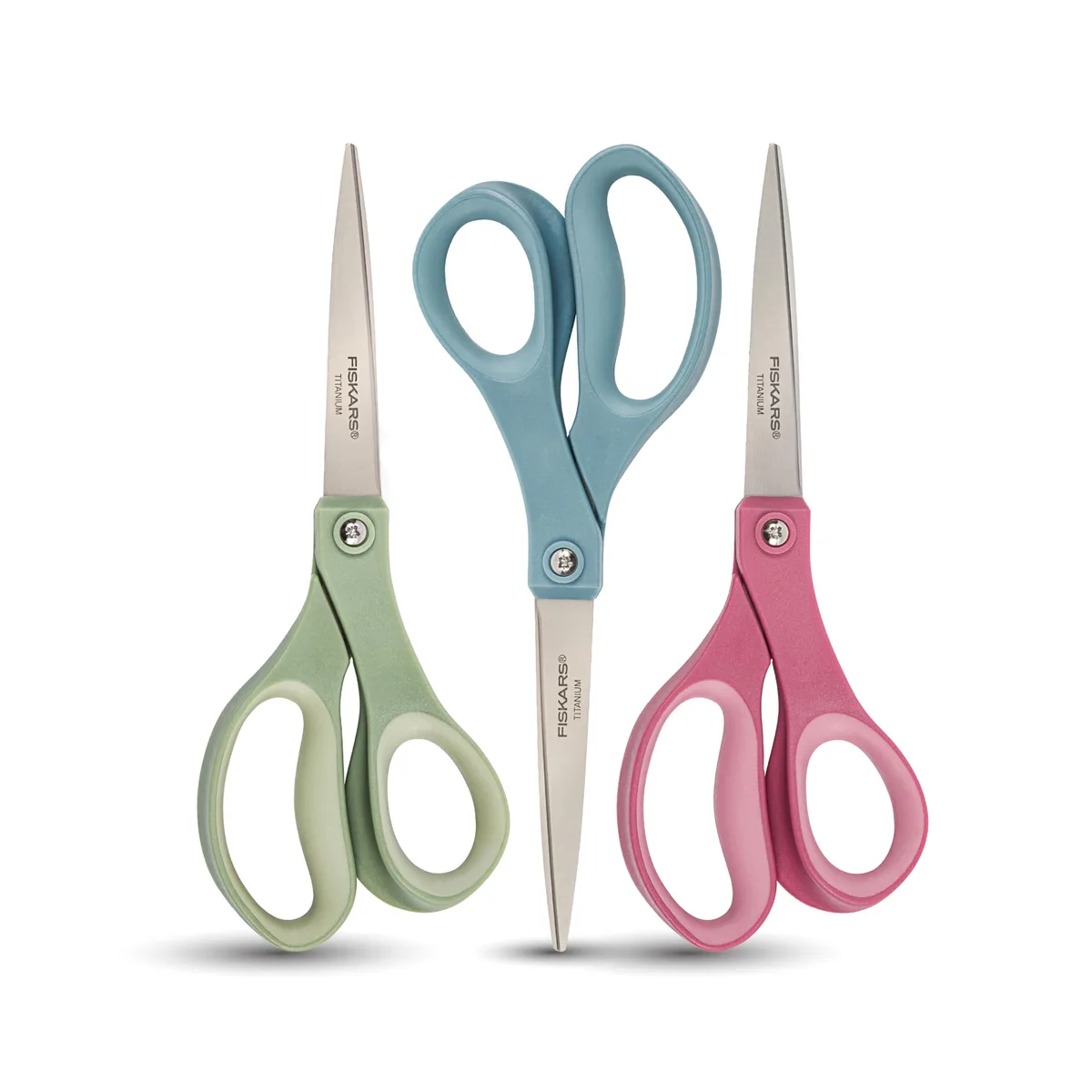 Three 8-inch titanium-coated scissors with ergonomic SoftGrip handles in blue pink and green