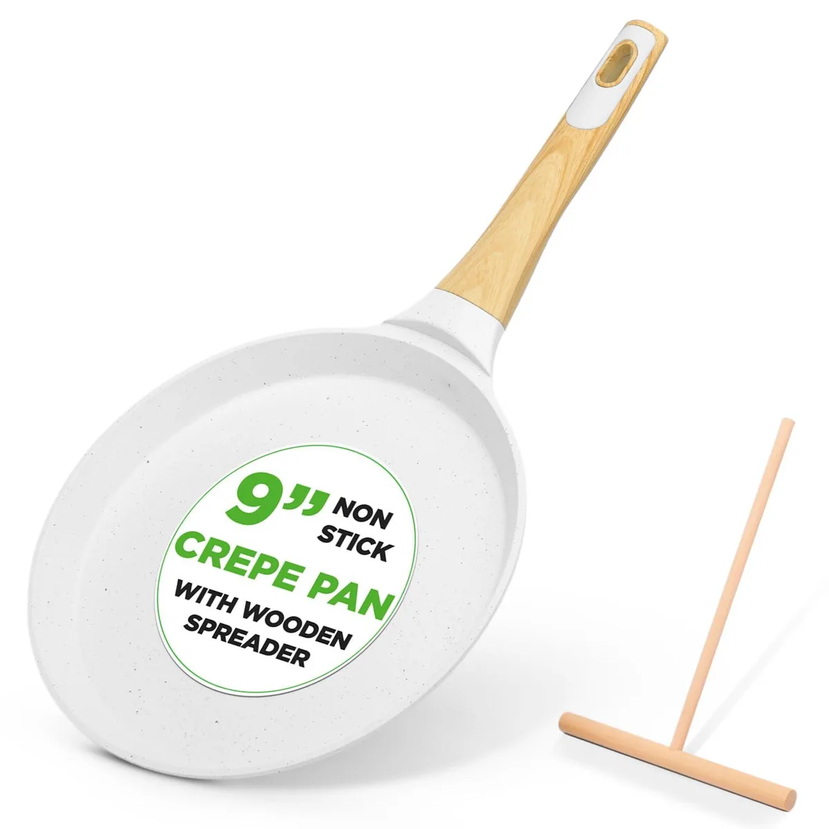 White cream non-stick crepe pan with wooden spreader and Bakelite handle