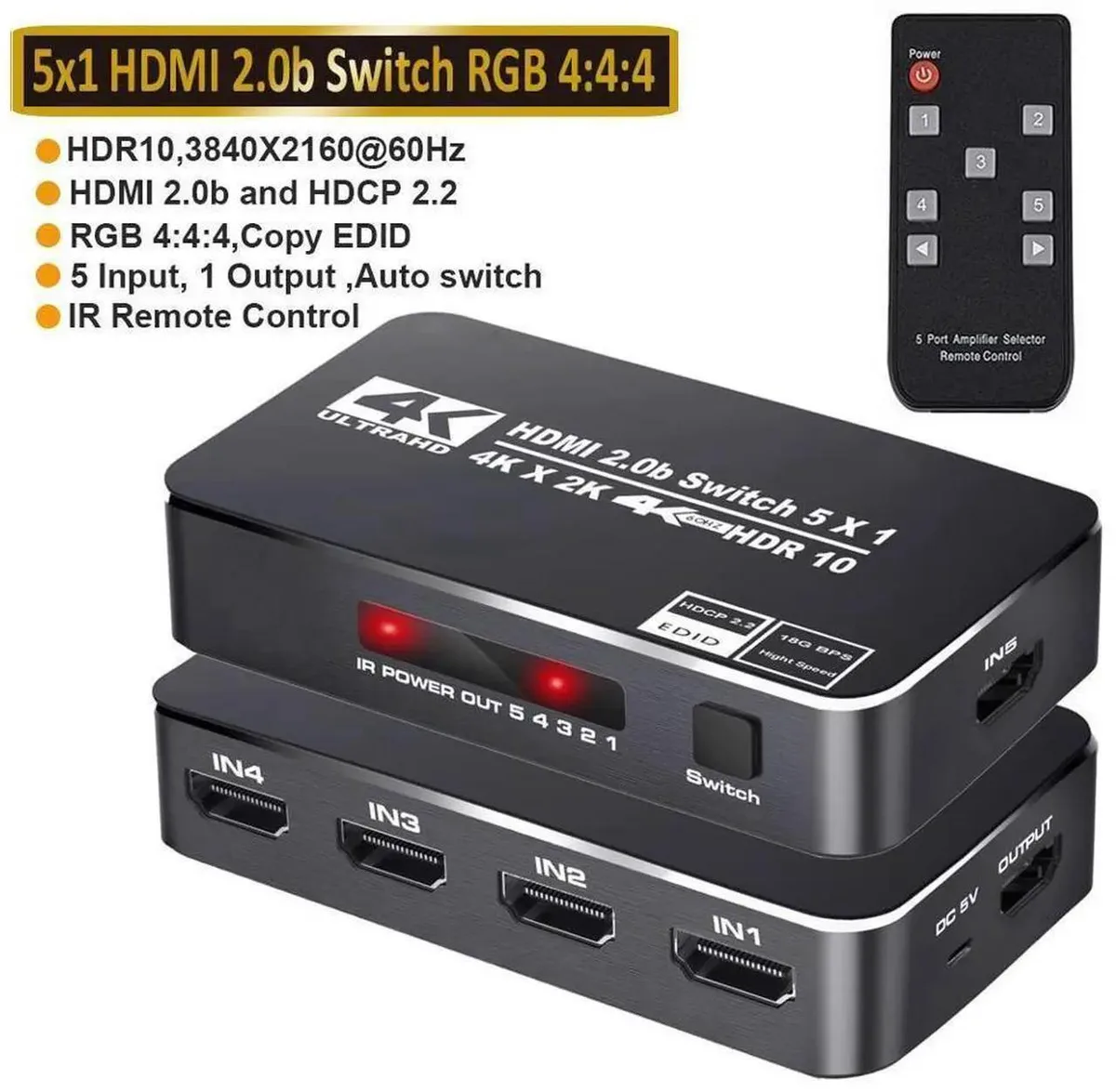 SMUGDESK SMUGDESK 5 Port HDMI 2.0 Switch 4K@60Hz HDR with IR Remote Control — product photo