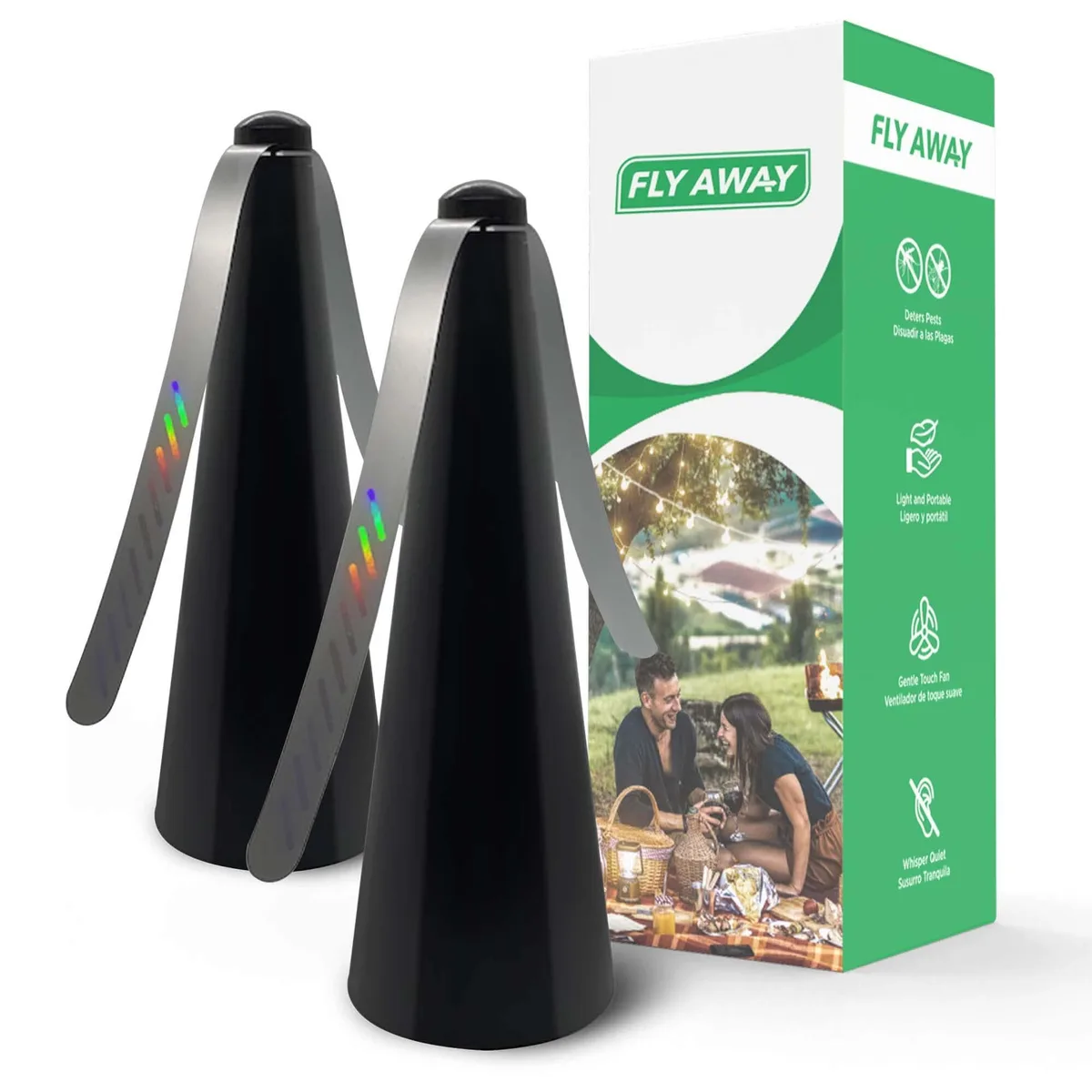 Two black portable tabletop fans with reflective blades and hanging hooks