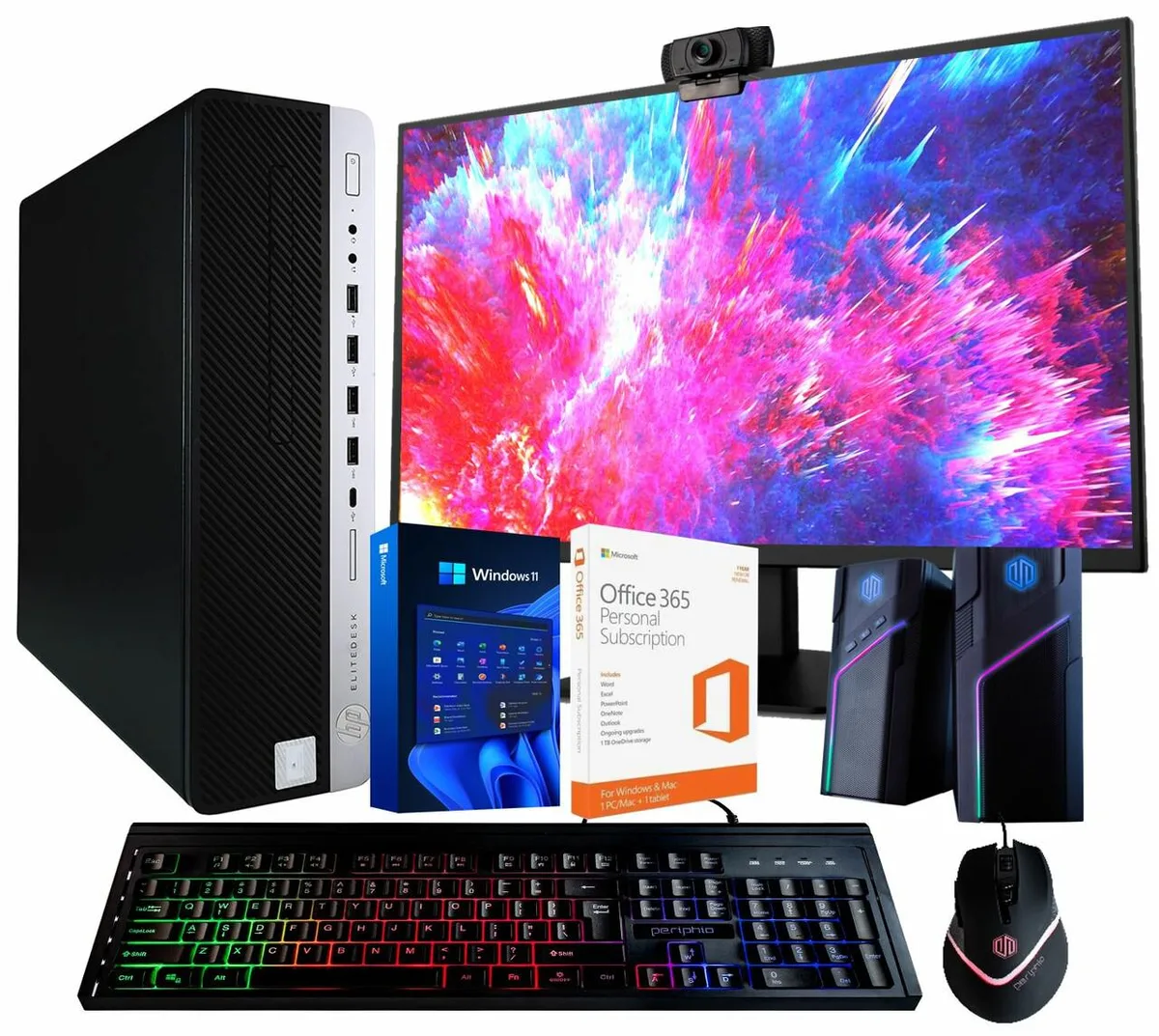 HP HP EliteDesk 800G4 desktop PC, Core i5-8500 3.2GHz, 16GB DDR4, 500GB SSD, 22in monitor, Windows 11 Pro — product photo