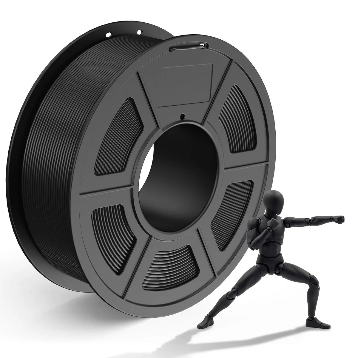 Black PLA filament spool, neatly wound on a 7.72 inch reel with 2.85 inch hub hole