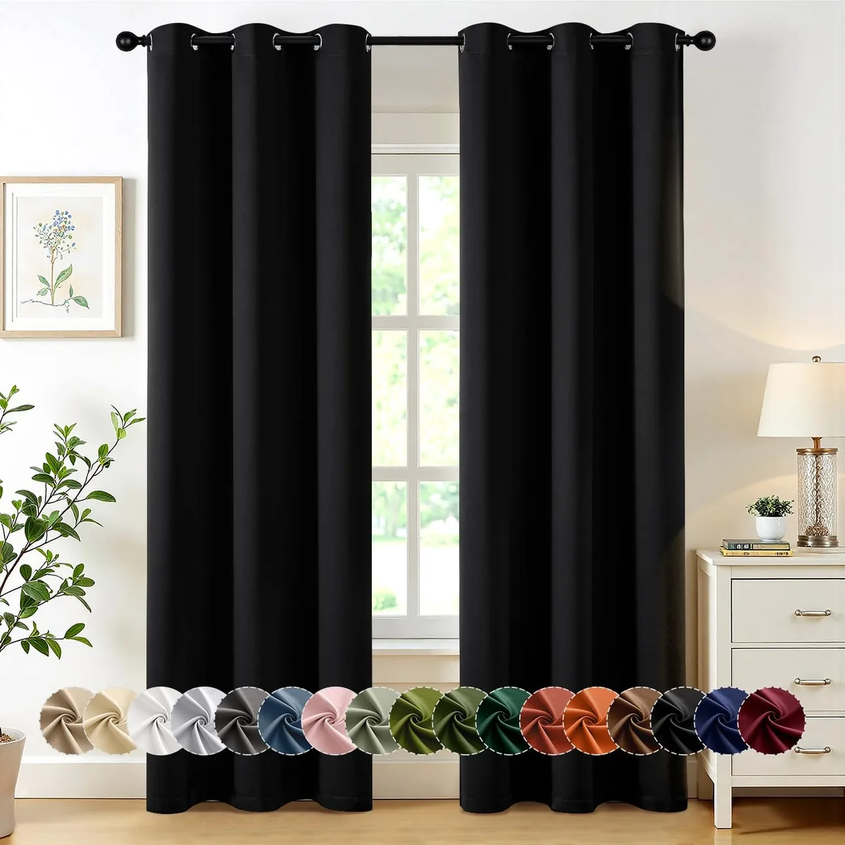 Two black fabric curtain panels with silver grommets, each 40 by 84 inches