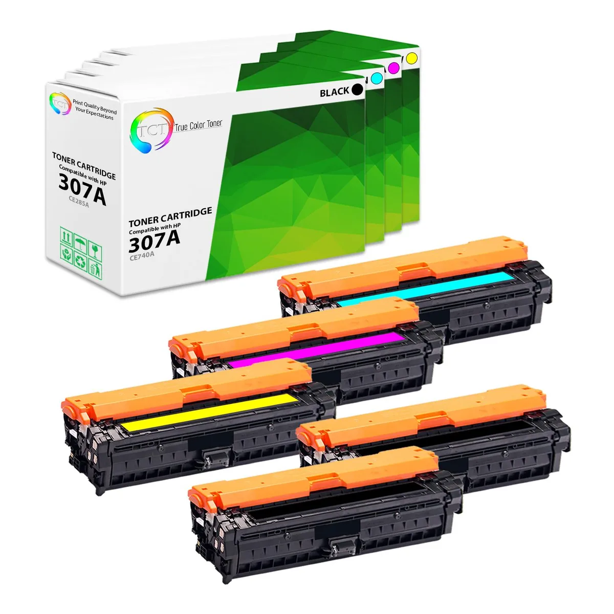 True Color Toner True Color Toner 307A 5 Pack CE740A CE741A CE742A CE743A toner cartridges — product photo