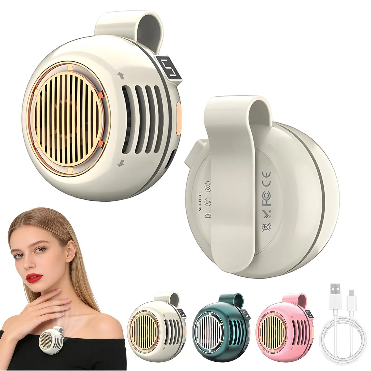 Small beige clip-on fan with matte white metal finish and bladeless design
