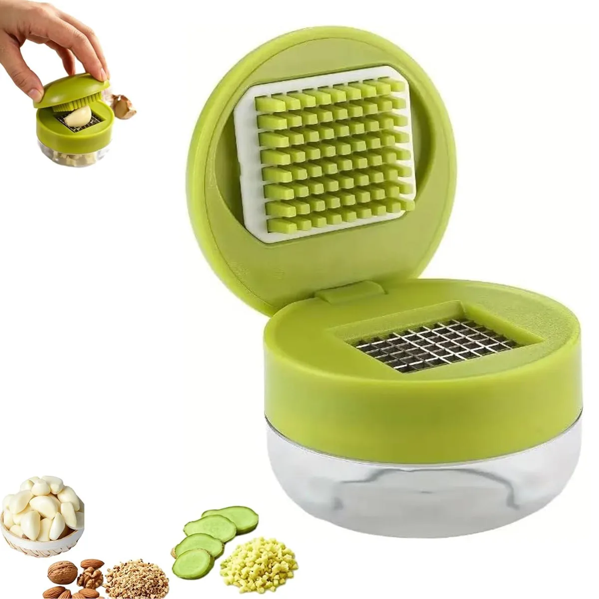 Compact green manual food processor with integrated container and stainless steel blades