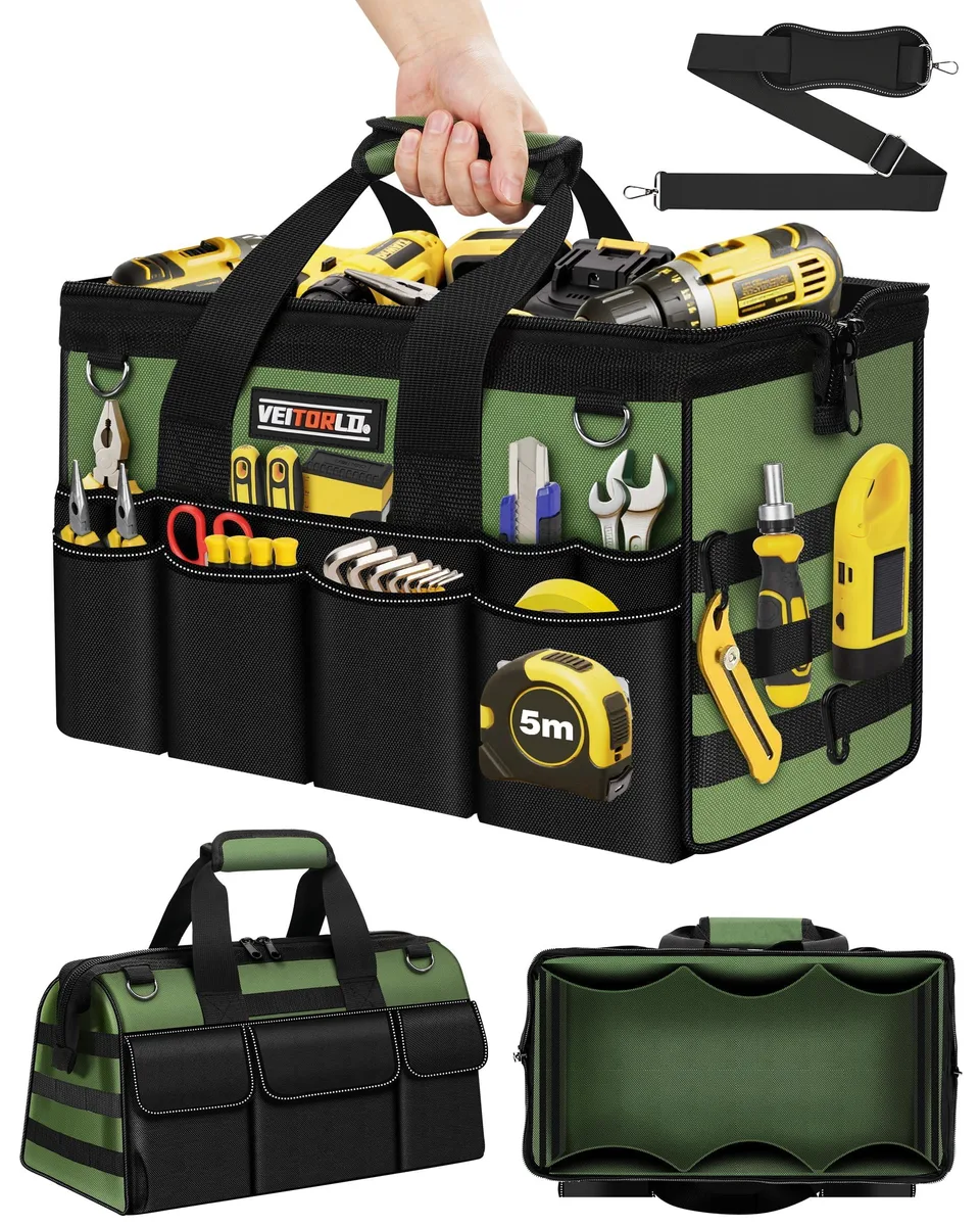 Green fabric tool bag with padded handle, wide opening and multiple external pockets