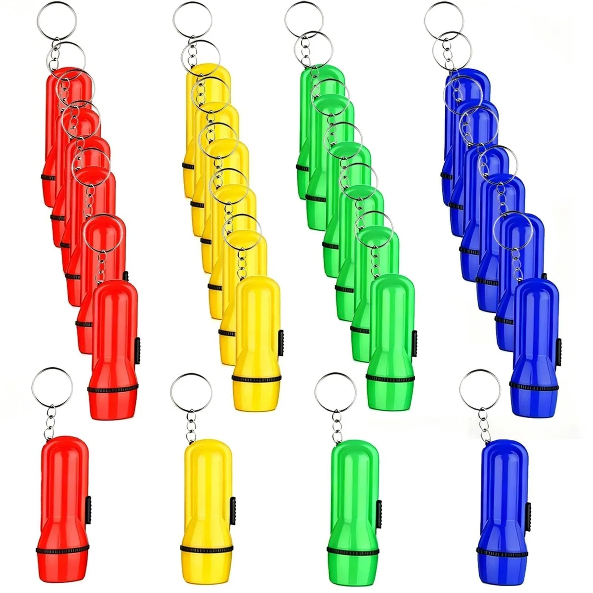 Twenty-four tiny blue plastic flashlights with stainless-steel key rings, each about two inches long