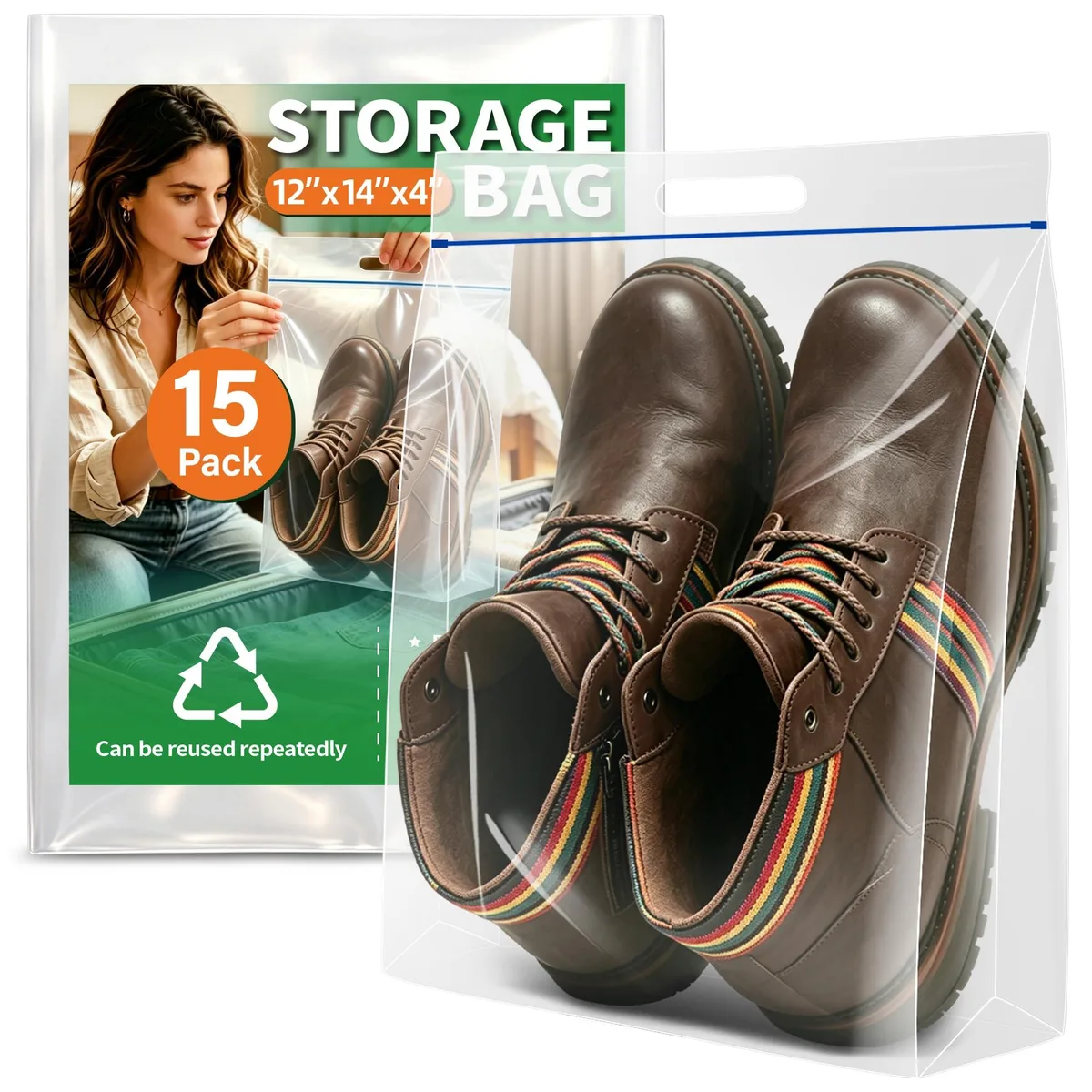 Pack of 15 clear plastic shoe bags 14x12x4in