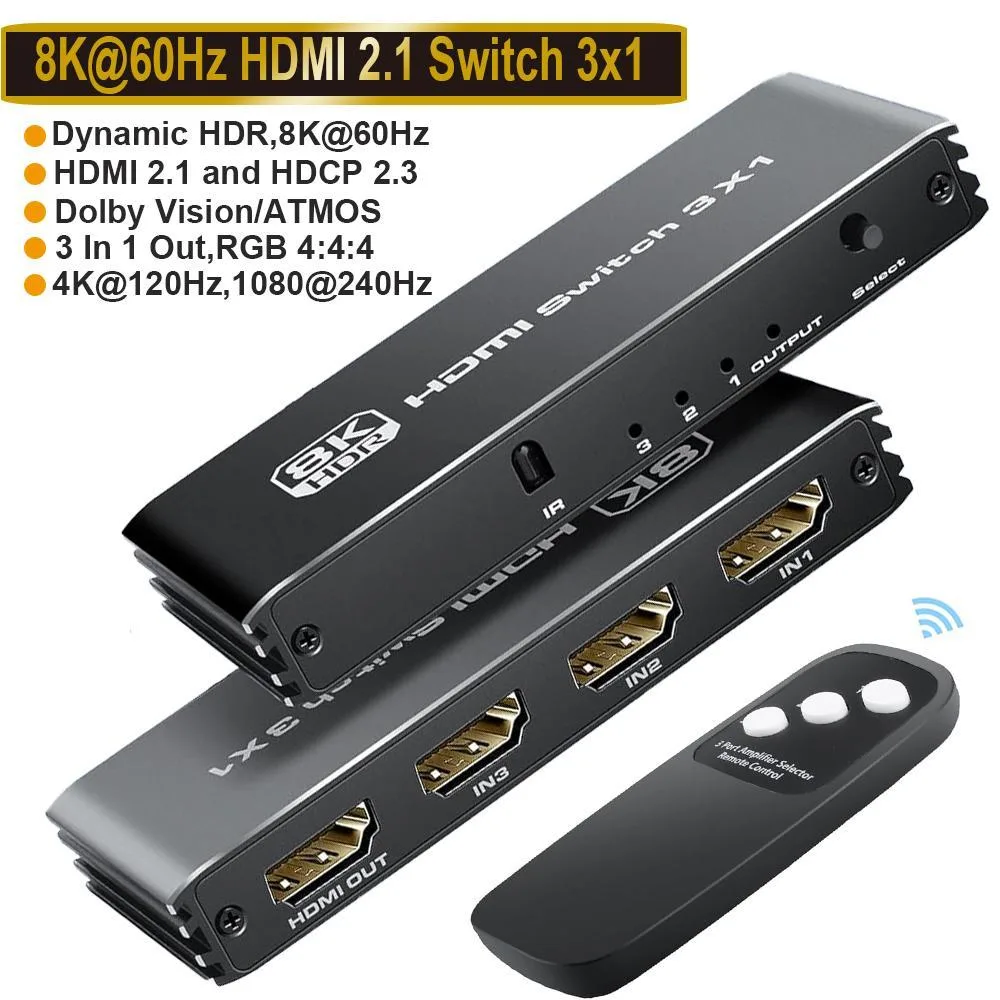 WRIARICH WRIARICH OZQ1-1A 3-Port HDMI 2.1 Video Switch 8K@60Hz 4K@120Hz 48Gbps Black — product photo
