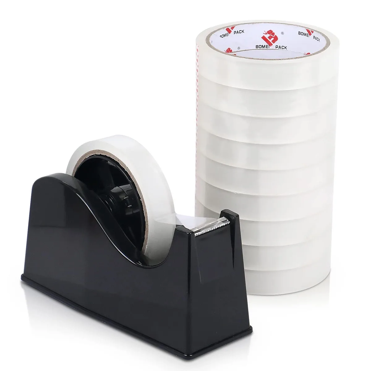Black desktop tape dispenser with weighted base and ten rolls of clear tape on three-inch cores
