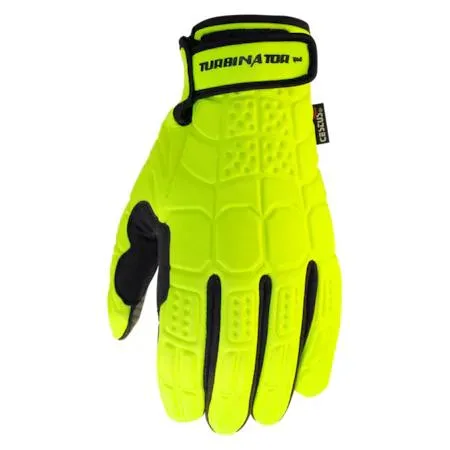Pair of medium grey work gloves with silicone grip palm and adjustable cuffs