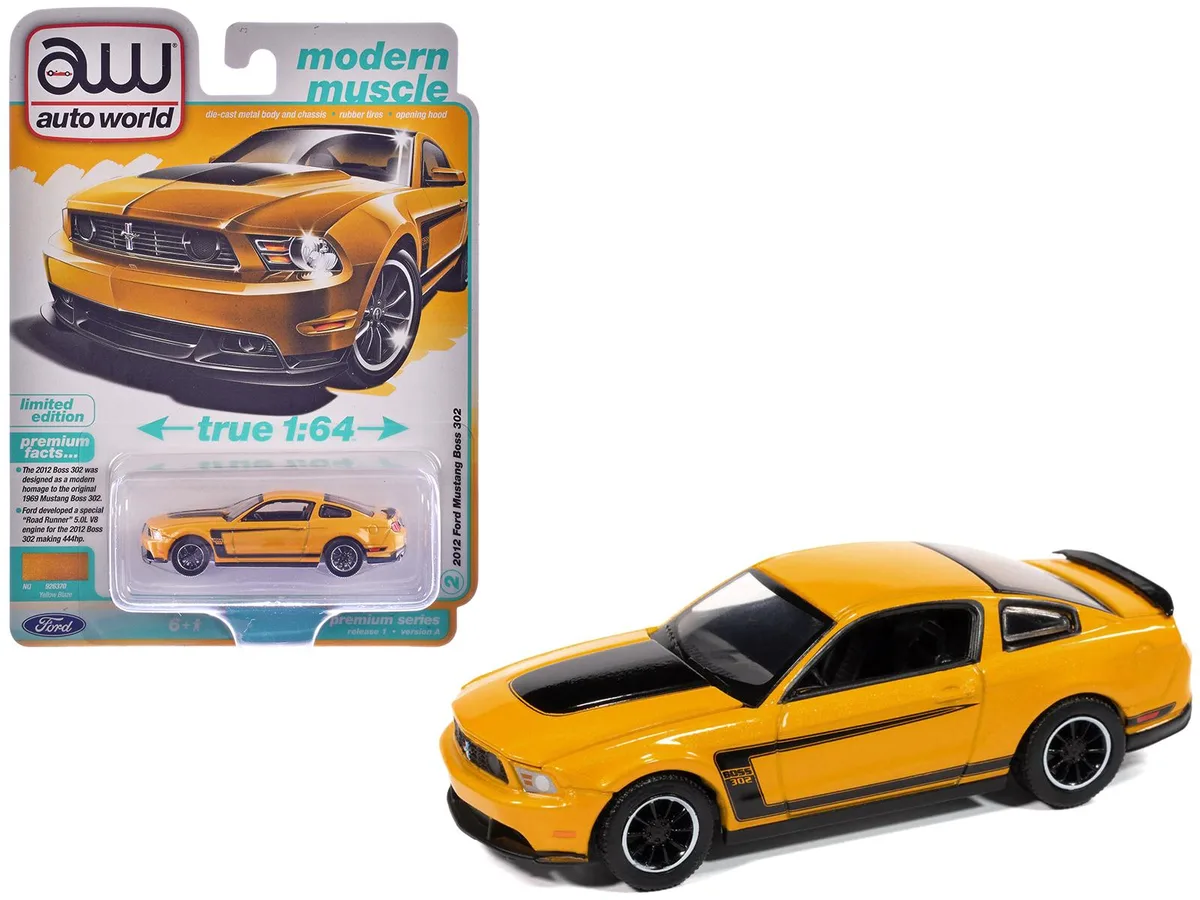 auto world Auto World 2012 Ford Mustang Boss 302 Yellow Blaze 1/64 Diecast Hobby Collectible — product photo