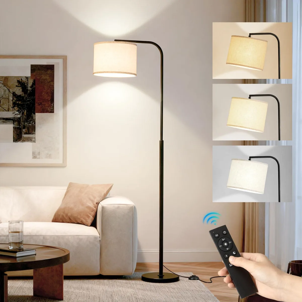 Black arc floor lamp with curved metal arm and fabric shade, dimmable LED bulb included