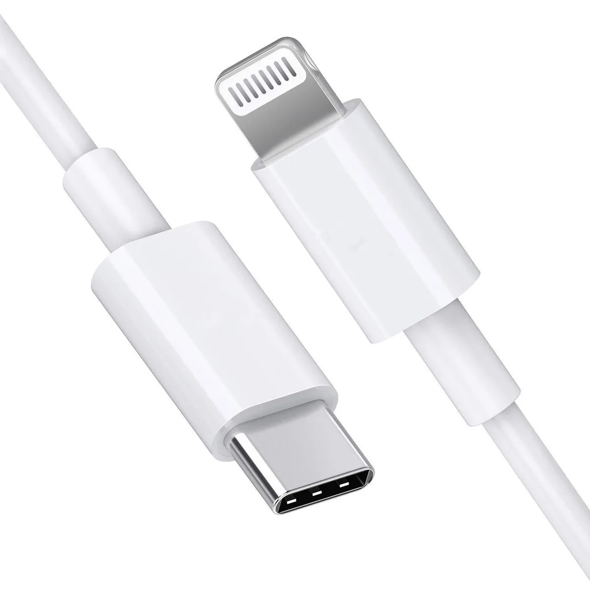 White USB-C to Lightning cable, six feet long, straight connectors