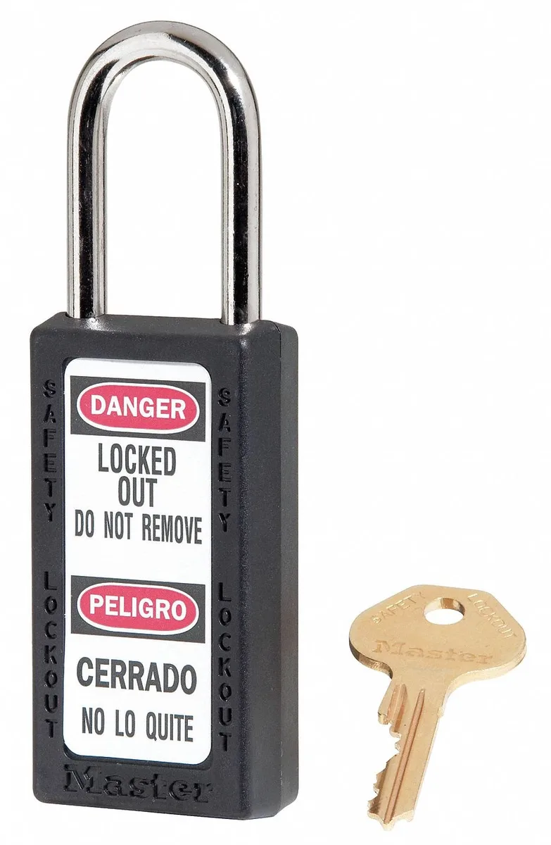 Black thermoplastic safety padlock, hardened steel shackle, keyed alike, six pack