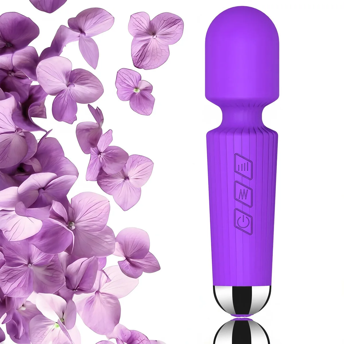 Purple handheld massager, smooth rounded head, matte plastic body, compact size