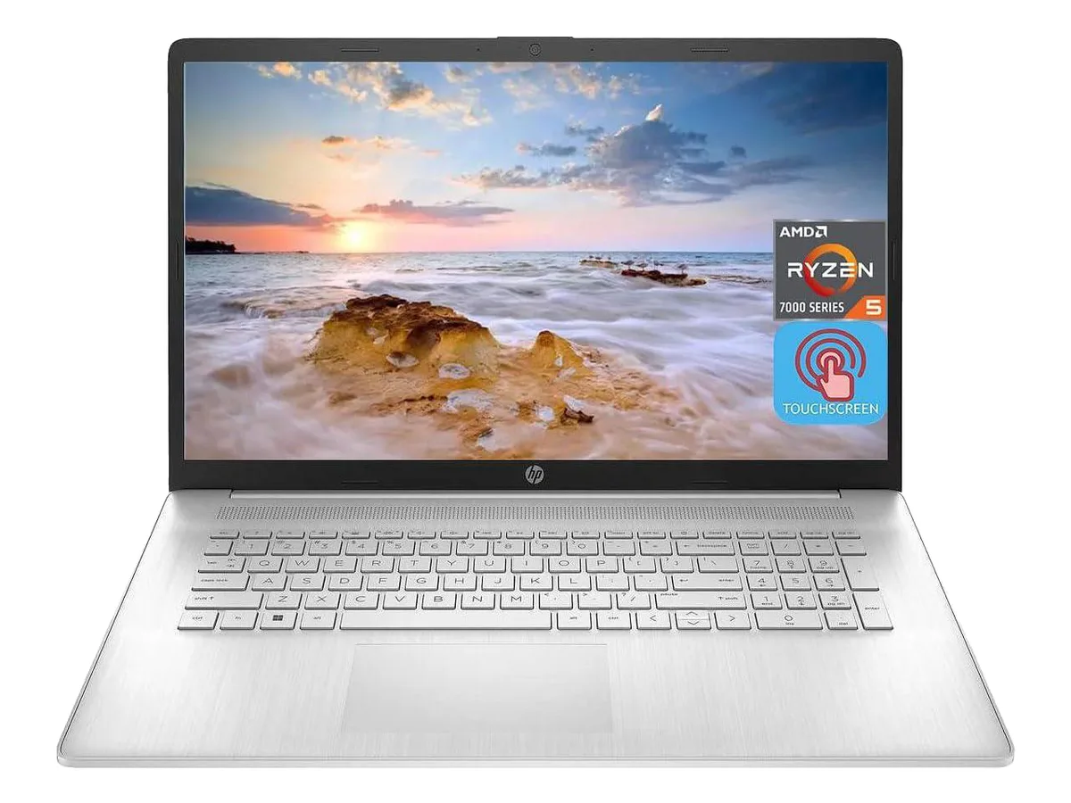 Silver 17.3 inch touchscreen laptop closed on a plain background