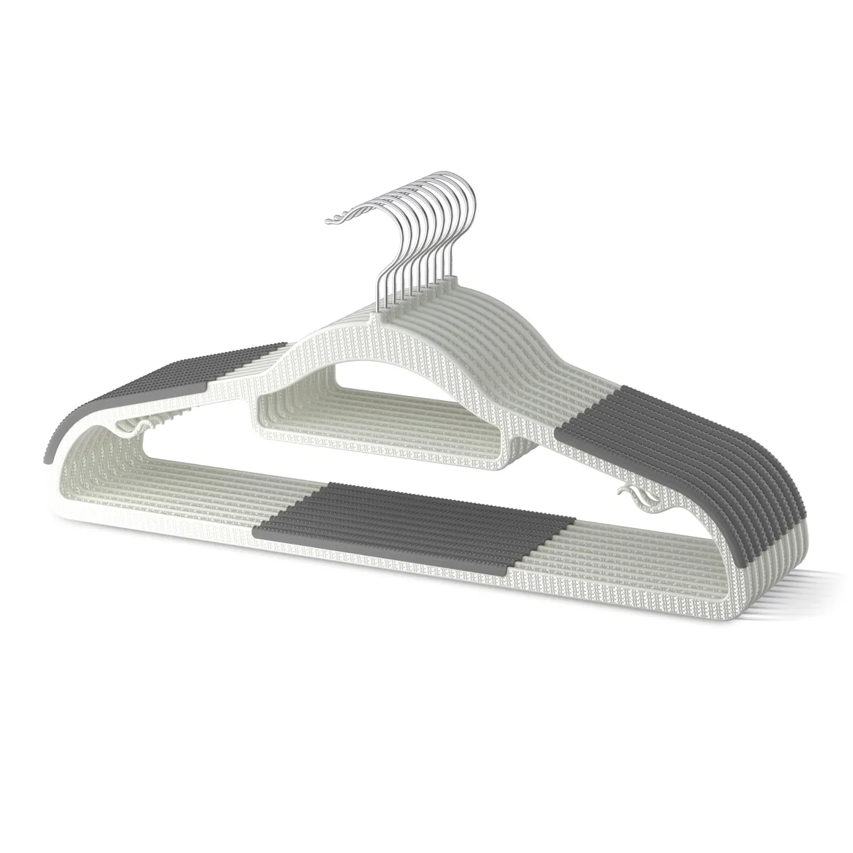 Twenty gray plastic hangers with rubber pads and swivel hooks in a pack