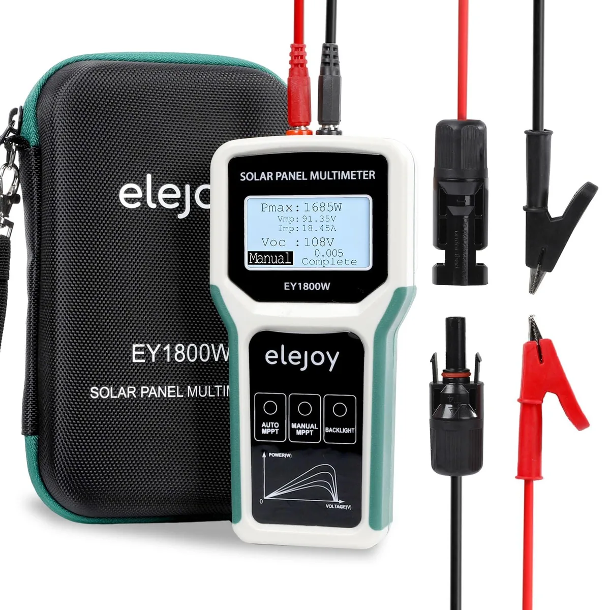 Rectangular grey handheld meter with LCD screen MC-4 ports and alligator clips in EVA case