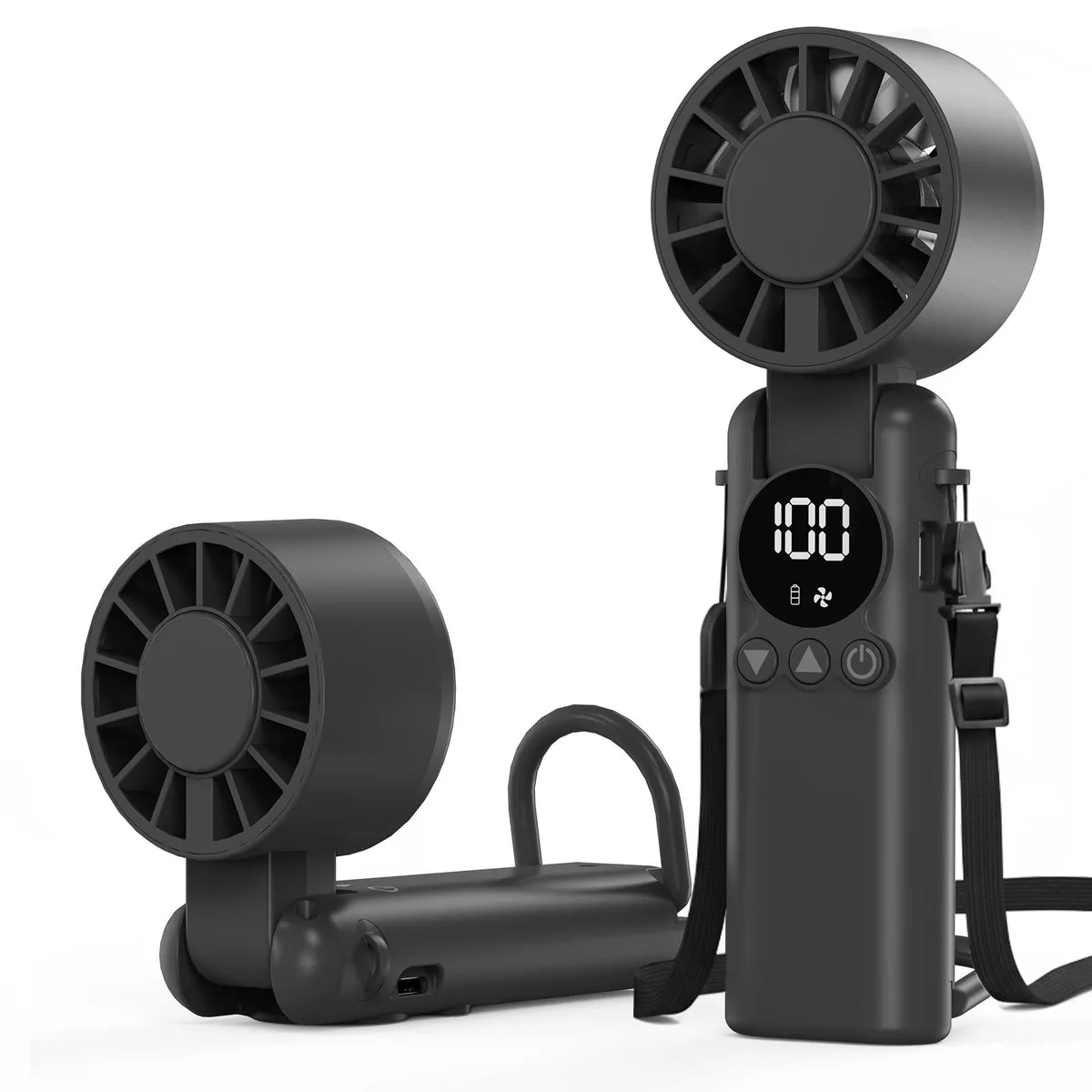 Foldable black handheld fan with LED display