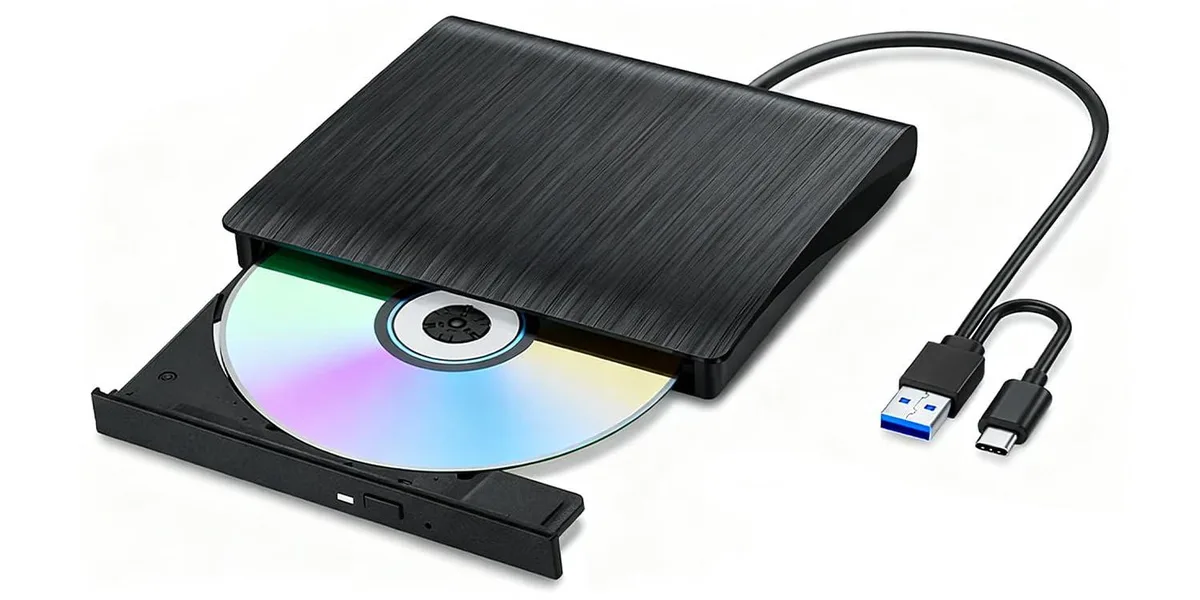Compact silver external optical drive with USB-A and USB-C cables