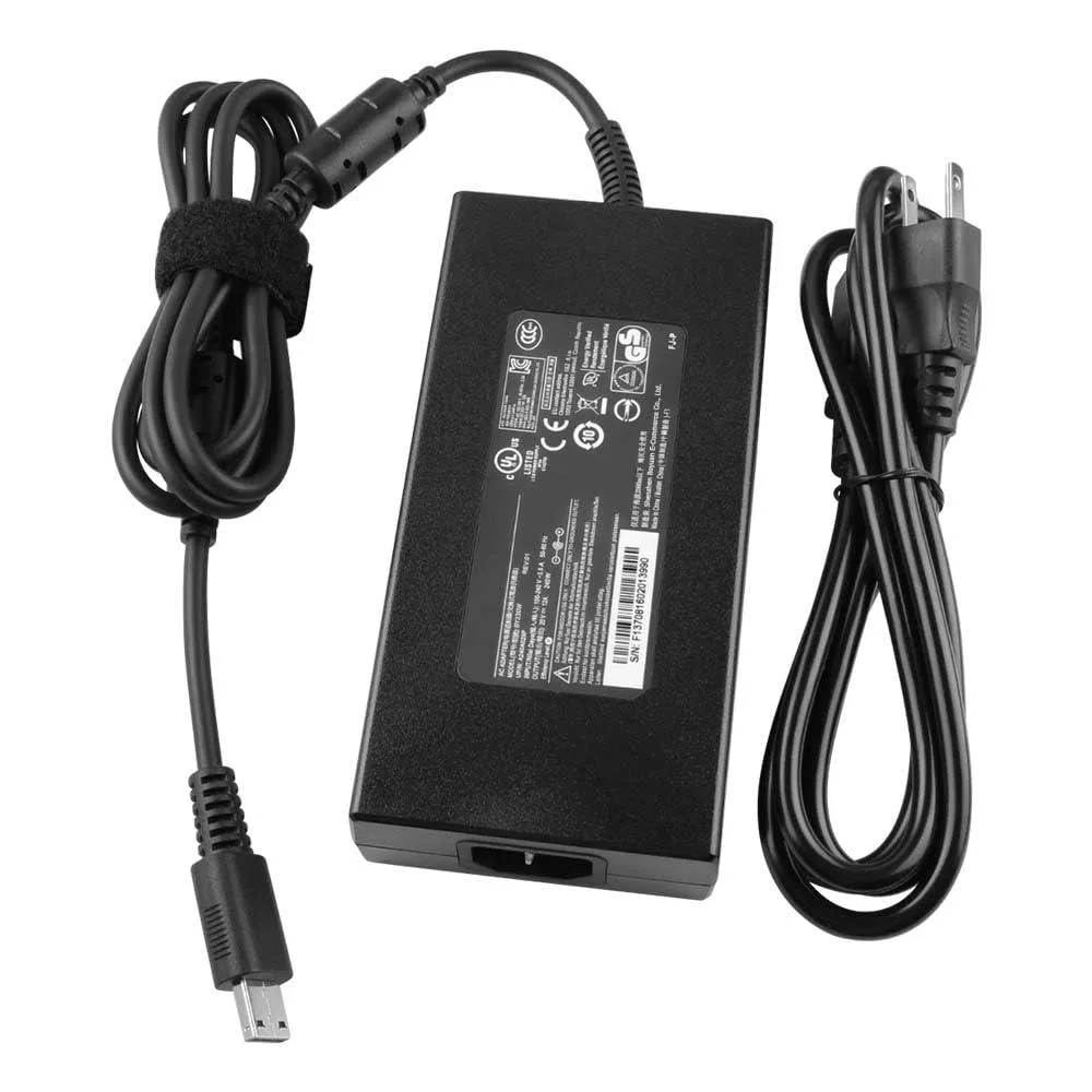 Rectangular black power brick with USB-C tip connector and AC cable port