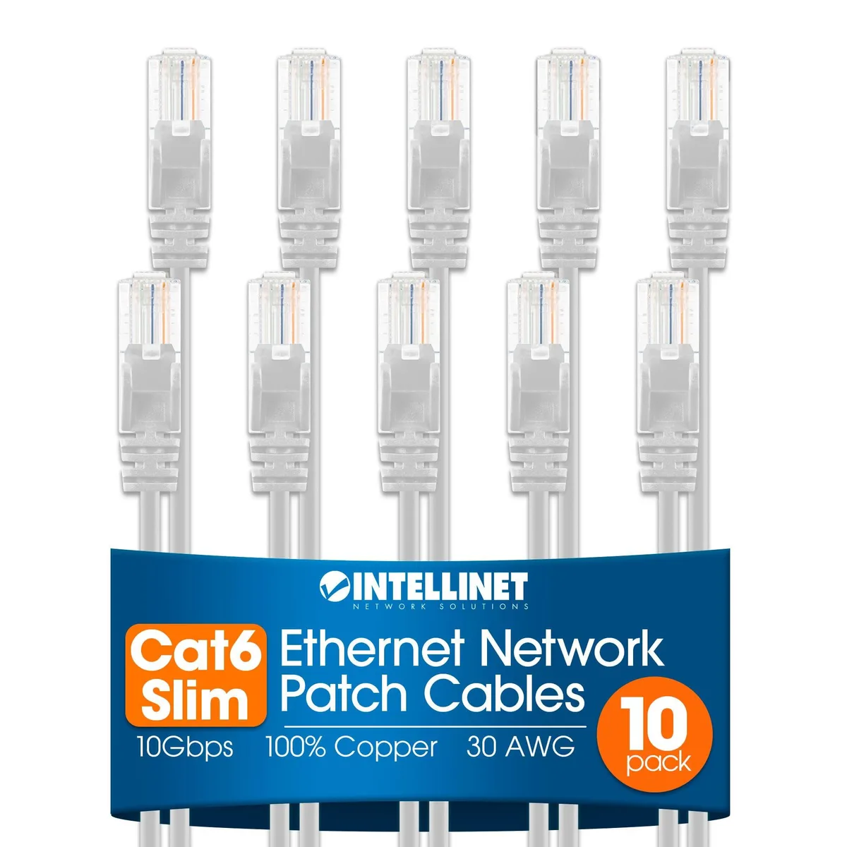 Ten white slim Cat6 patch cables with snagless RJ45 boots