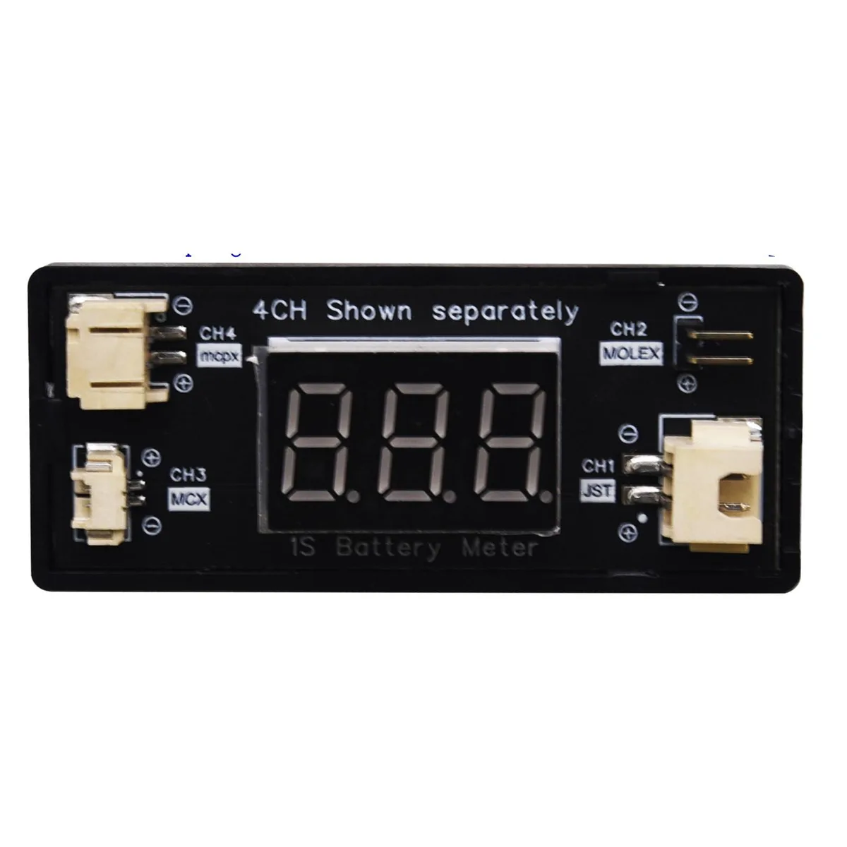 Small black rectangular tester with four labelled connector ports and a tiny display