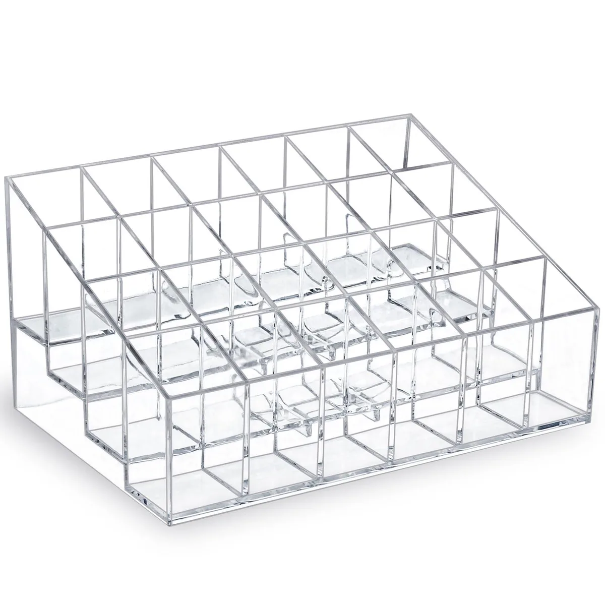 Clear rectangular plastic organizer with 24 stepped slots in 4 rows of 6