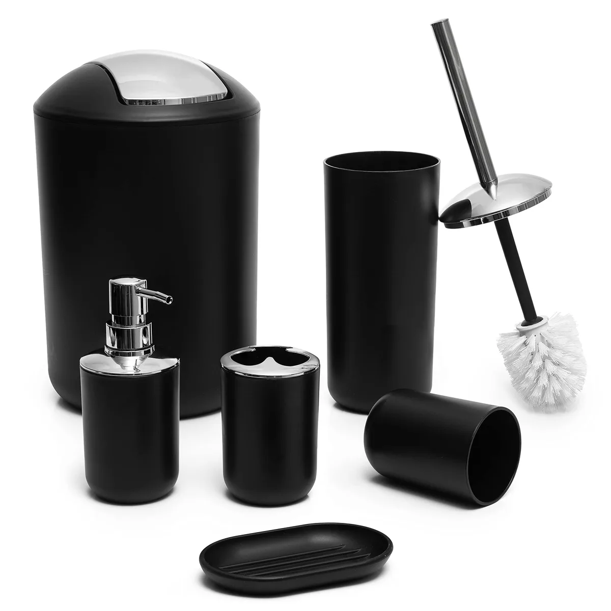 Black six-piece bath set with soap dispenser, toothbrush holder, cup and soap dish