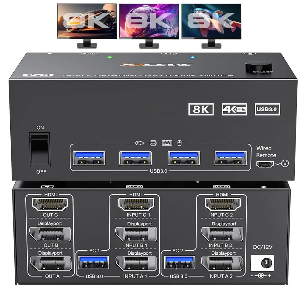 Hitoor Hitoor KVM Switch 3 Monitors 2 Computers 8K@60Hz 1 HDMI 2 DisplayPort 4 USB 3.0 Wired Remote — product photo