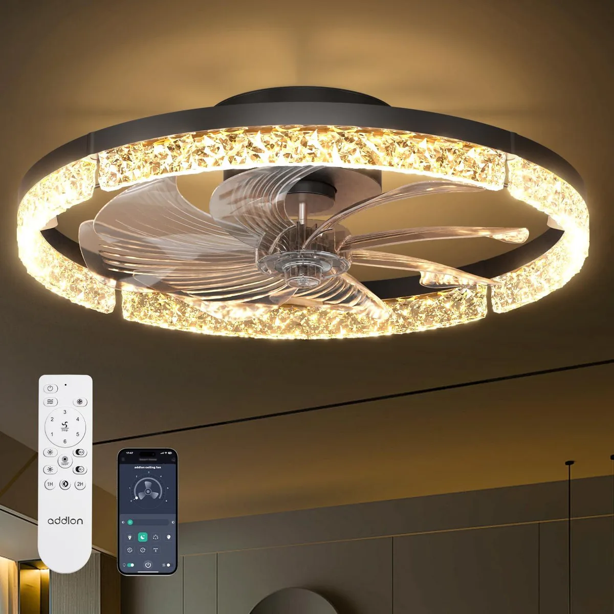 Black flush-mount ceiling fan, 20 inch diameter, five blades, integrated LED light, remote included